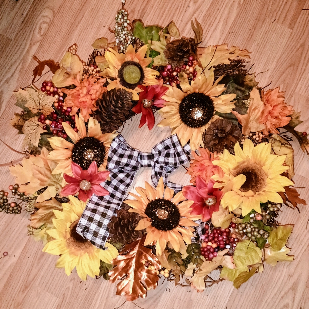 Autumn Harvest Wreath with Sunflowers and Bow